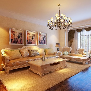 橙色的地毯与油画式的照片墙呈现出一种欧式古典的客厅