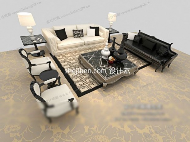 黑白搭配大气欧式多人沙发3d模型下载