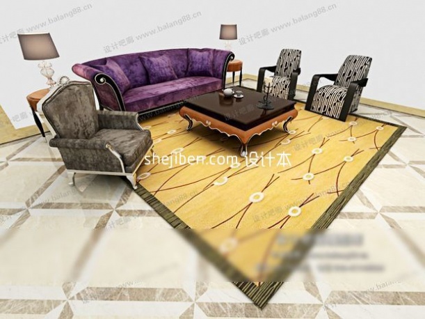 紫灰简约欧式多人沙发3d模型下载