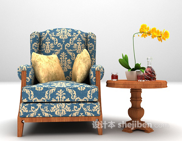 欧式风格蓝色单椅沙发3d模型下载