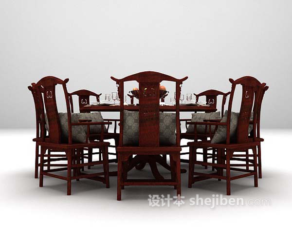 中式木质桌椅组合3d模型下载