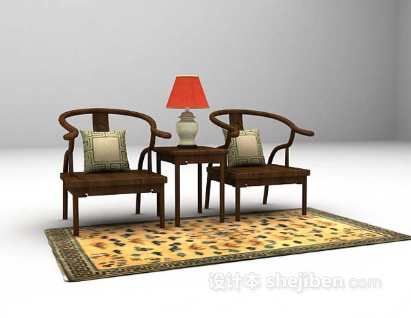 设计本中式棕色桌椅组合免费3d模型下载