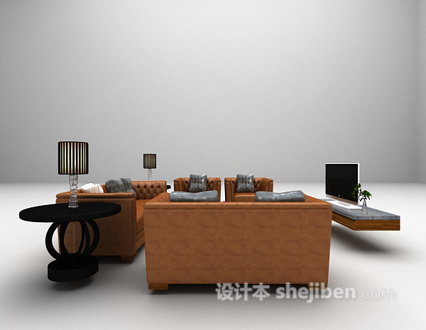 设计本棕色皮质沙发组合推荐3d模型下载
