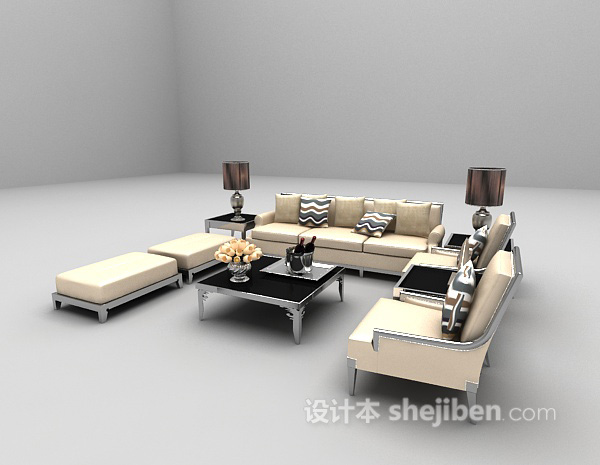 设计本现代灰色沙发组合3d模型下载