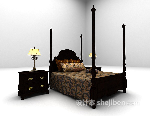 欧式风格欧式古典双人床免费3d模型下载
