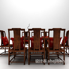 长形木质桌椅3d模型下载