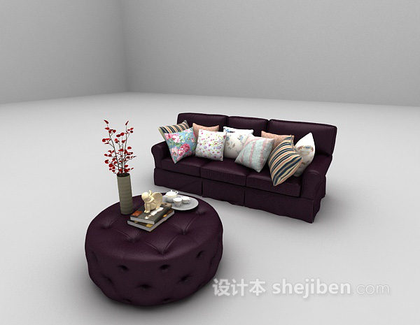 设计本欧式紫色皮沙发3d模型下载