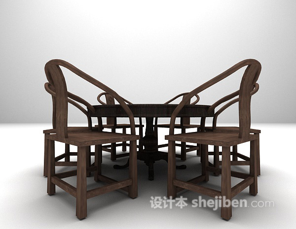 中式圆形桌椅3d模型下载