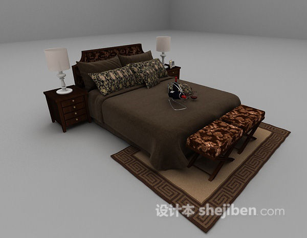欧式风格欧式深色双人床3d模型下载
