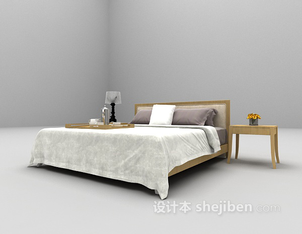 免费白色木质双人床3d模型下载
