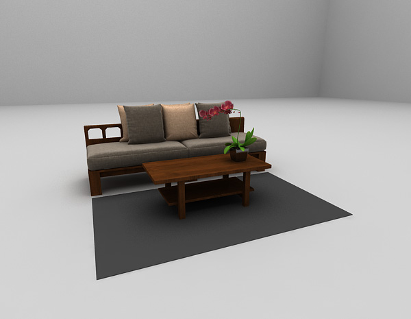 中式风格木质三人沙发3d模型下载