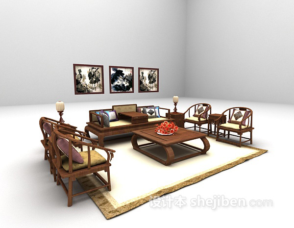 中式风格中式木质家庭沙发3d模型下载