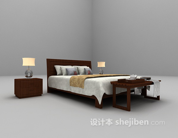 免费棕色木质床具3d模型下载