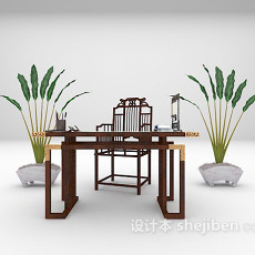中式书桌组合3d模型下载