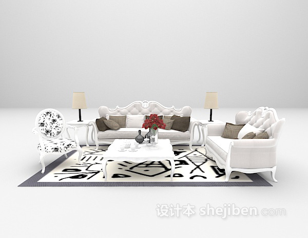 白色木质沙发3d模型下载