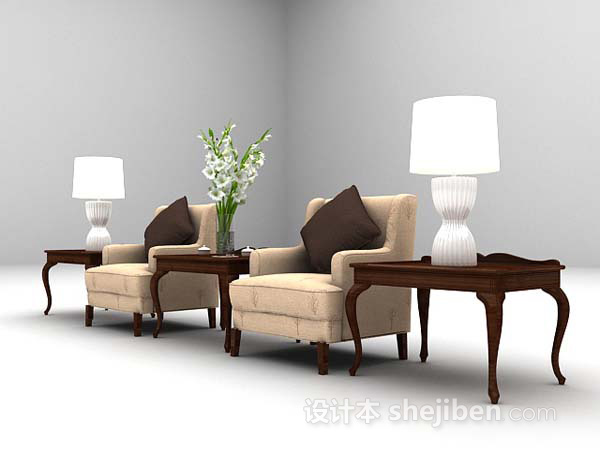 免费棕色布艺桌椅组合3d模型下载