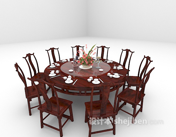 中式风格中式圆形餐桌3d模型下载