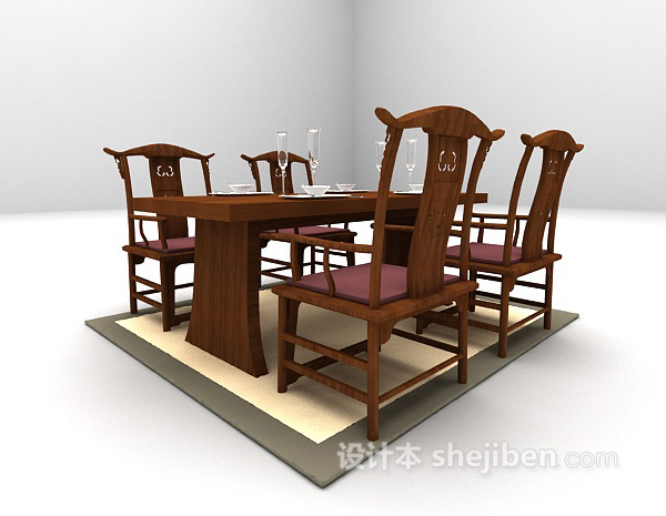 中式风格中式木质餐桌3d模型下载
