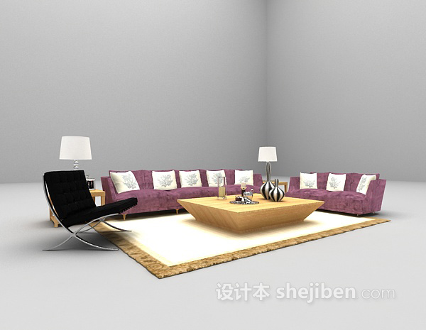 现代红色沙发组合3d模型下载