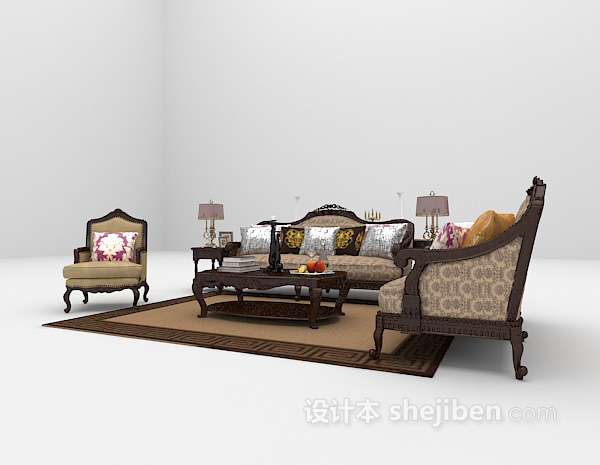 免费欧式木质组合沙发3d模型下载