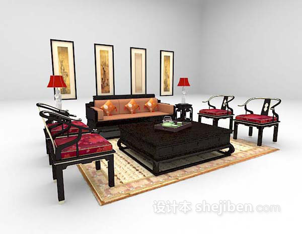 中式风格黑色沙发组合推荐3d模型下载