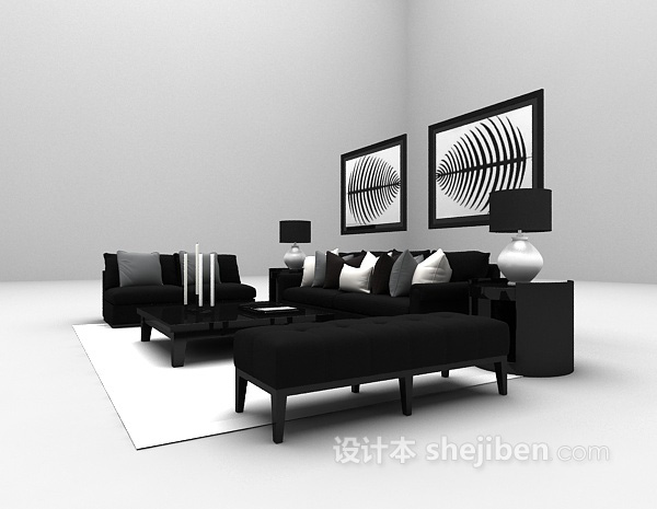 免费现代黑色沙发组合3d模型下载