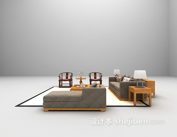 中式风格木质组合沙发3d模型下载