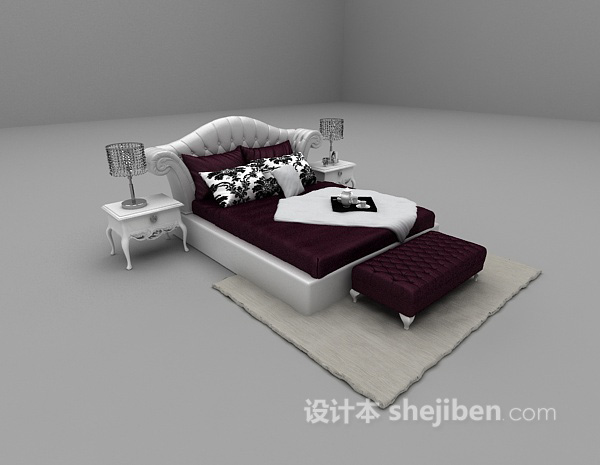 欧式风格白色皮质双人床3d模型下载