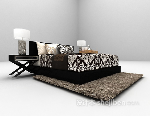 现代风格黑色木质床3d模型下载