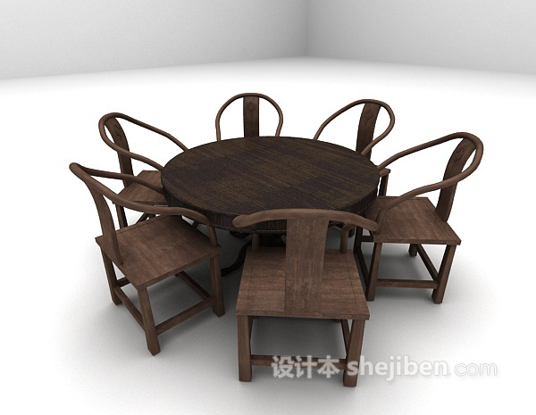 中式风格中式圆形桌椅3d模型下载