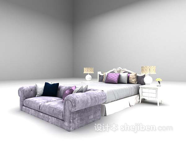 免费淡紫色床3d模型下载
