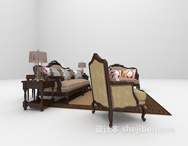设计本欧式木质组合沙发3d模型下载