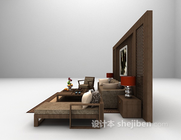 中式风格木质沙发组合3d模型下载