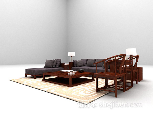 免费现代中式沙发组合3d模型下载