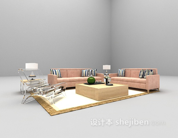 现代粉色沙发组合3d模型下载