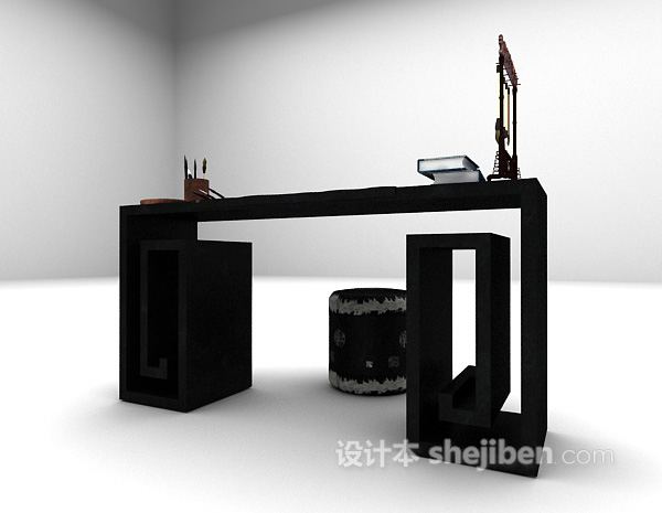 免费中式黑色书桌3d模型下载