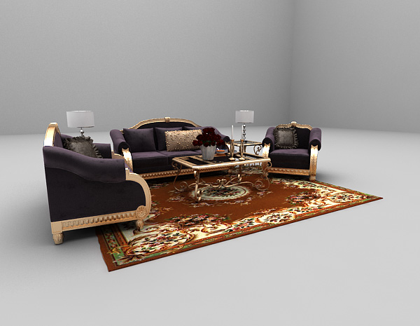 欧式风格紫色豪华型组合沙发3d模型下载
