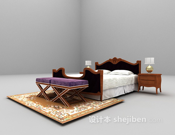 免费古典风格双人床3d模型下载