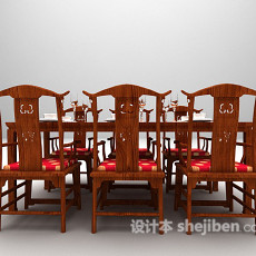 中式长形桌椅组合3d模型下载