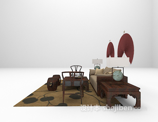 中式风格中式木质沙发3d模型下载