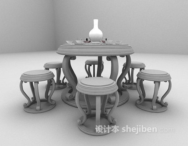 免费中式圆桌圆凳组合3d模型下载