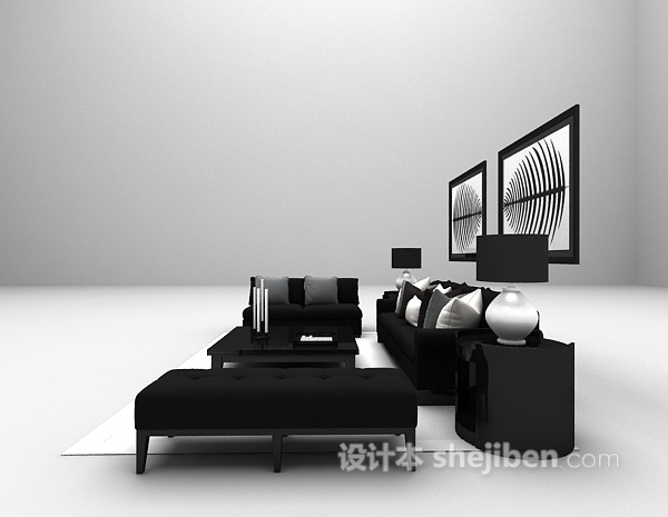现代风格现代黑色沙发组合3d模型下载