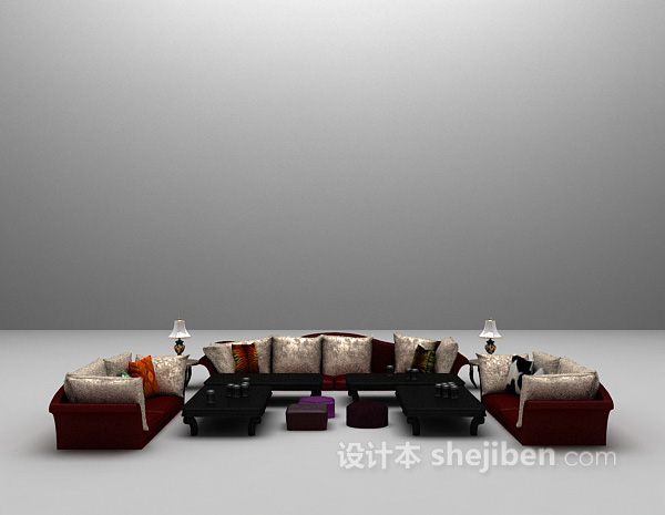 红色沙发组合3d模型下载