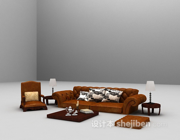 设计本欧式古典皮沙发组合3d模型下载