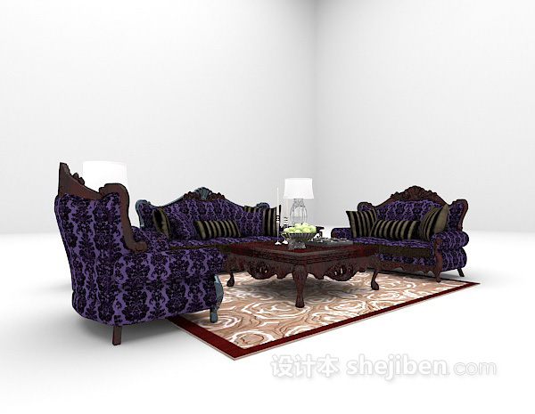 欧式风格紫色豪华组合沙发3d模型下载