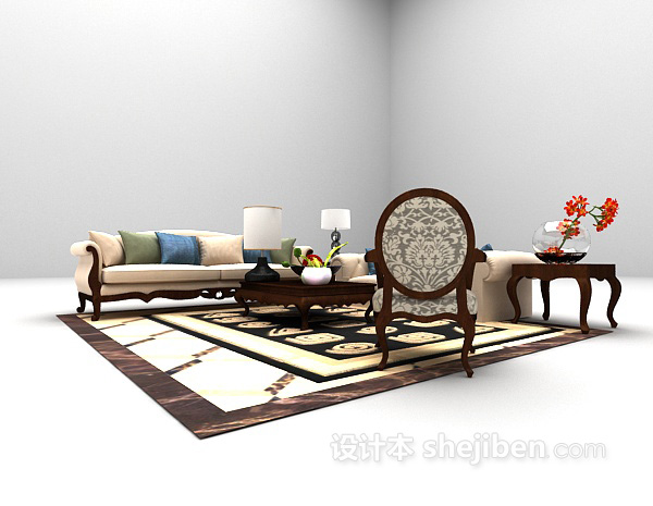 欧式风格家庭木质沙发组合推荐3d模型下载