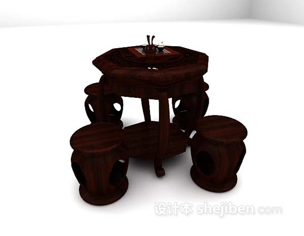 免费棕色木质桌椅组合3d模型下载