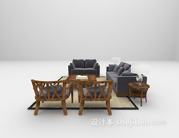 中式风格木质沙发3d模型下载