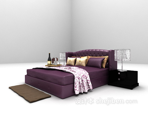 免费紫色双人床具3d模型下载