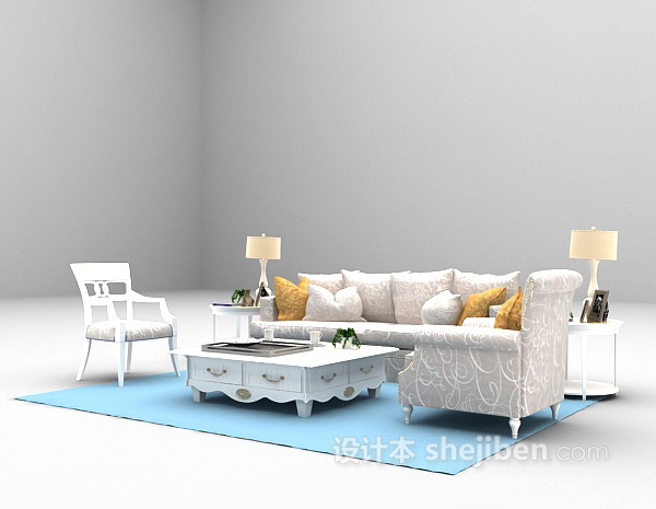 设计本简欧白色沙发组合3d模型下载